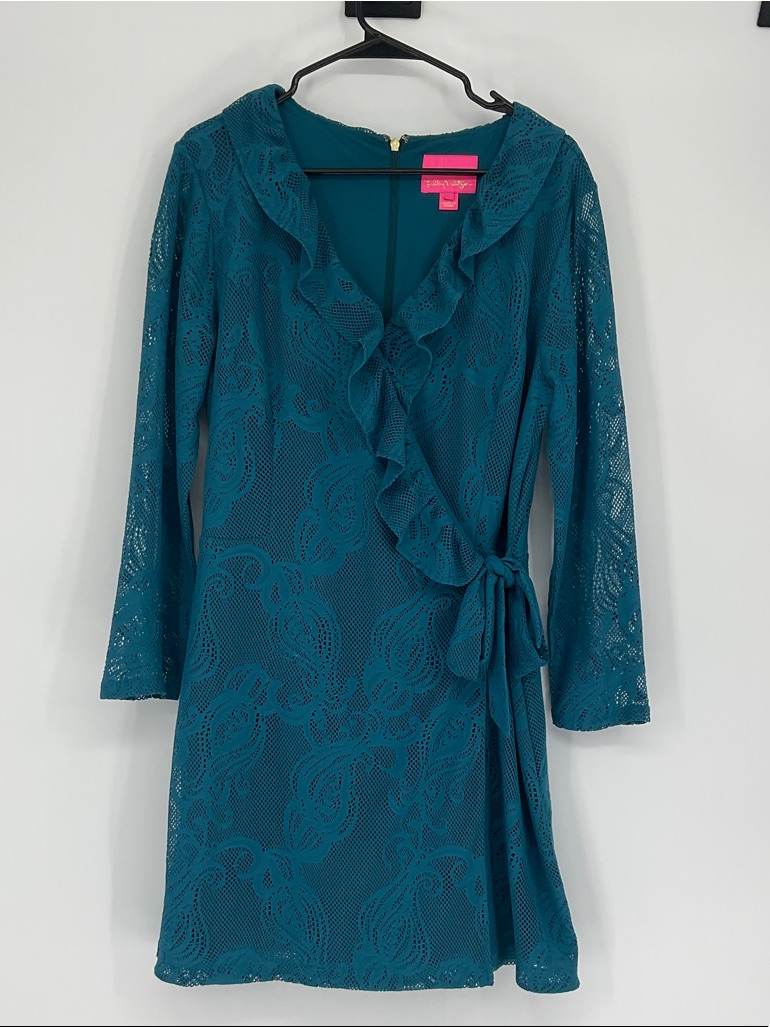 Lilly Pulitzer Tiki Wrap Ruffle Romper Inky Tidal Teal Jellyfish Lace Xl